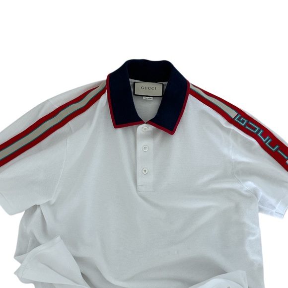 Gucci Men White Polo Shirt with Navy Collar and Striped Trim XL - Picture 15 of 16